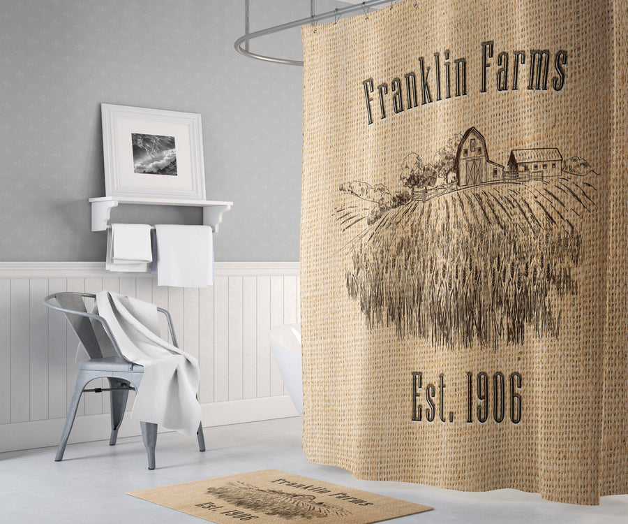 Personalized Rustic Farm Shower Curtain with Optional Bathmat | Wheat Farm, Barn, Faux Burlap - Deja Blue Studios