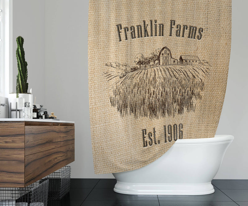 Personalized Rustic Farm Shower Curtain with Optional Bathmat | Wheat Farm, Barn, Faux Burlap - Deja Blue Studios