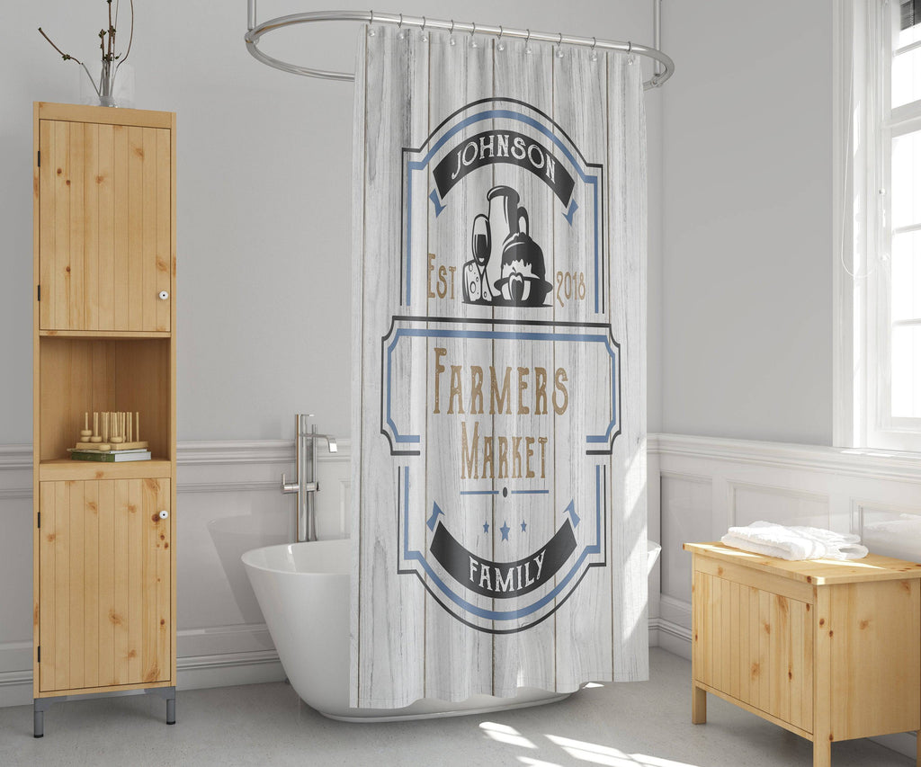Personalized Farmers Market Shower Curtain | Family Name | Rustic Shower Curtain | Country Home | White Wood Print - Deja Blue Studios
