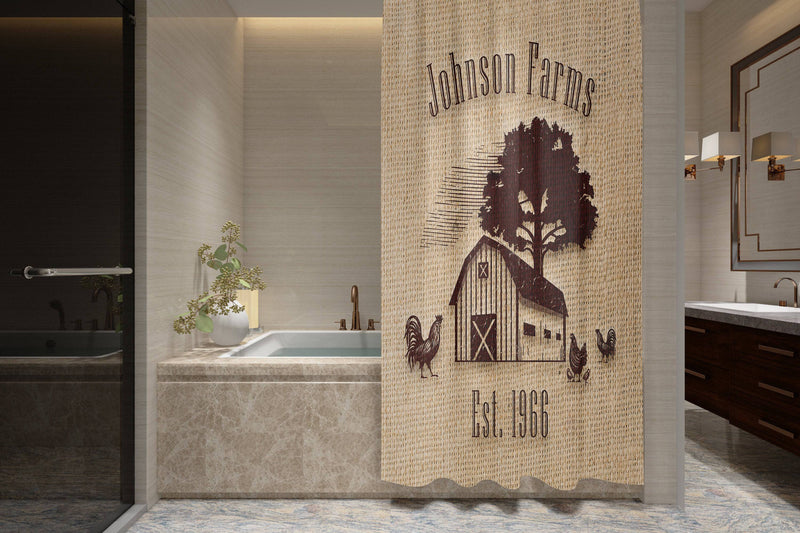 Personalized Rustic Chicken Rooster Farmhouse Shower Curtain with Optional Bathmat | Faux Burlap Brown Print - Deja Blue Studios