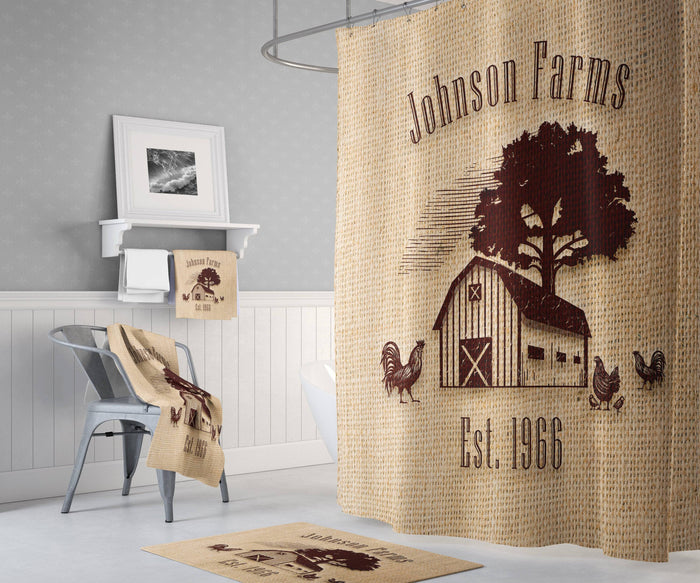 Personalized Rustic Chicken Rooster Farmhouse Shower Curtain with Optional Bathmat | Faux Burlap Brown Print - Deja Blue Studios