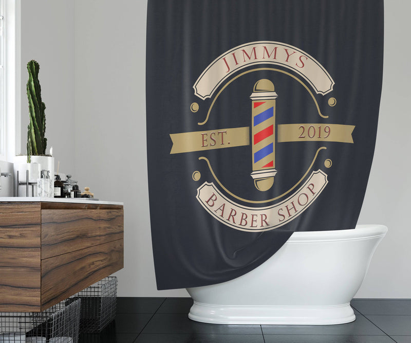 Personalized Sleek Barber Shop Logo Shower Curtain with Optional Bathmat and Towels | Barber Pole Decor - Deja Blue Studios
