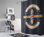 Personalized Sleek Barber Shop Logo Shower Curtain with Optional Bathmat and Towels | Barber Pole Decor - Deja Blue Studios