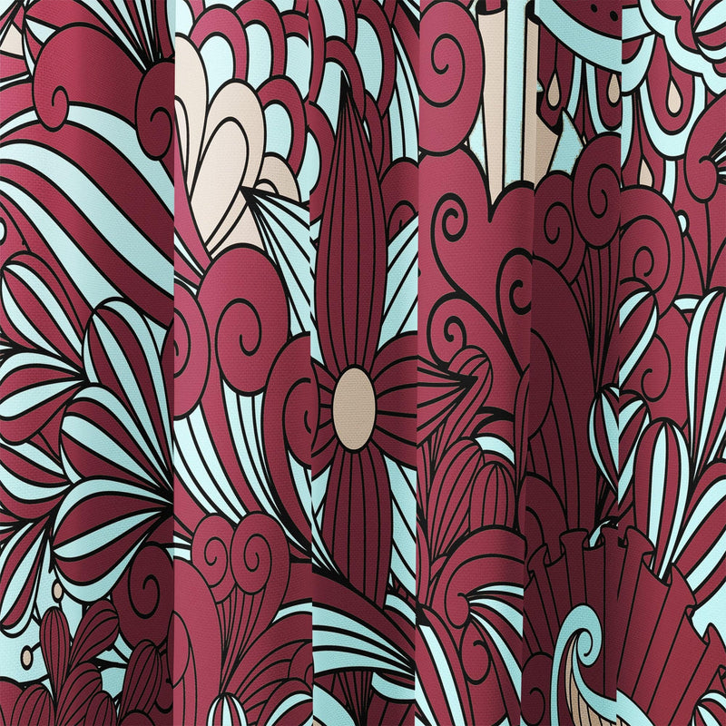 Burgundy and Teal Modern Floral Pattern Window Curtains - Deja Blue Studios