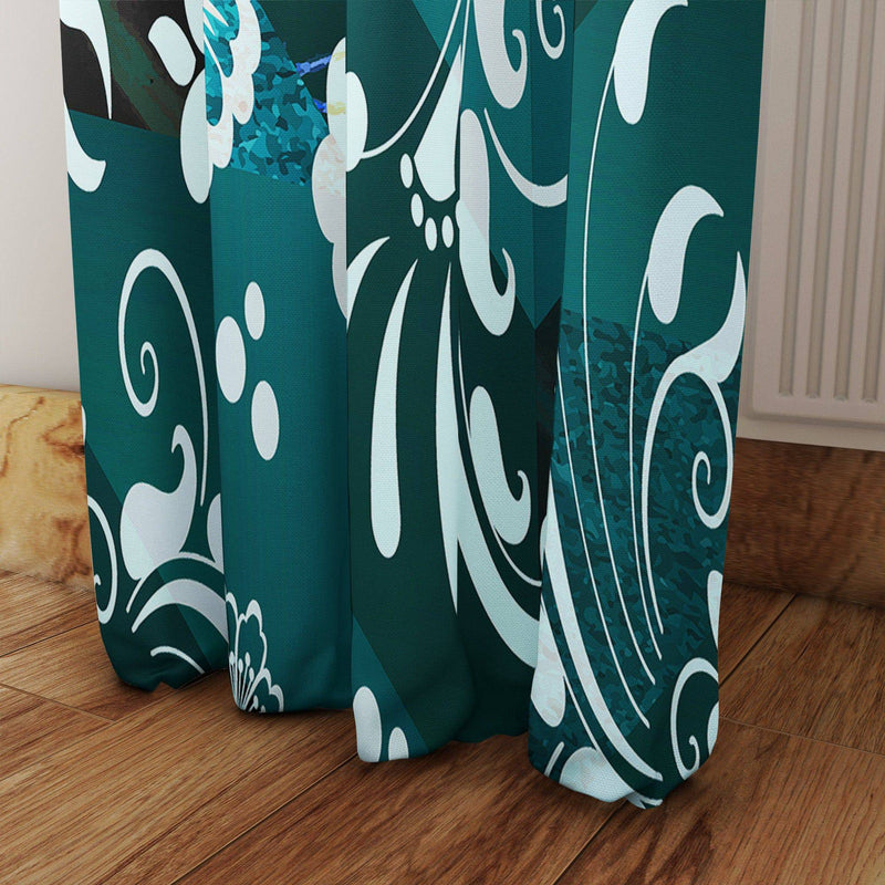 Green and Teal Damask Style Window Curtains - Deja Blue Studios