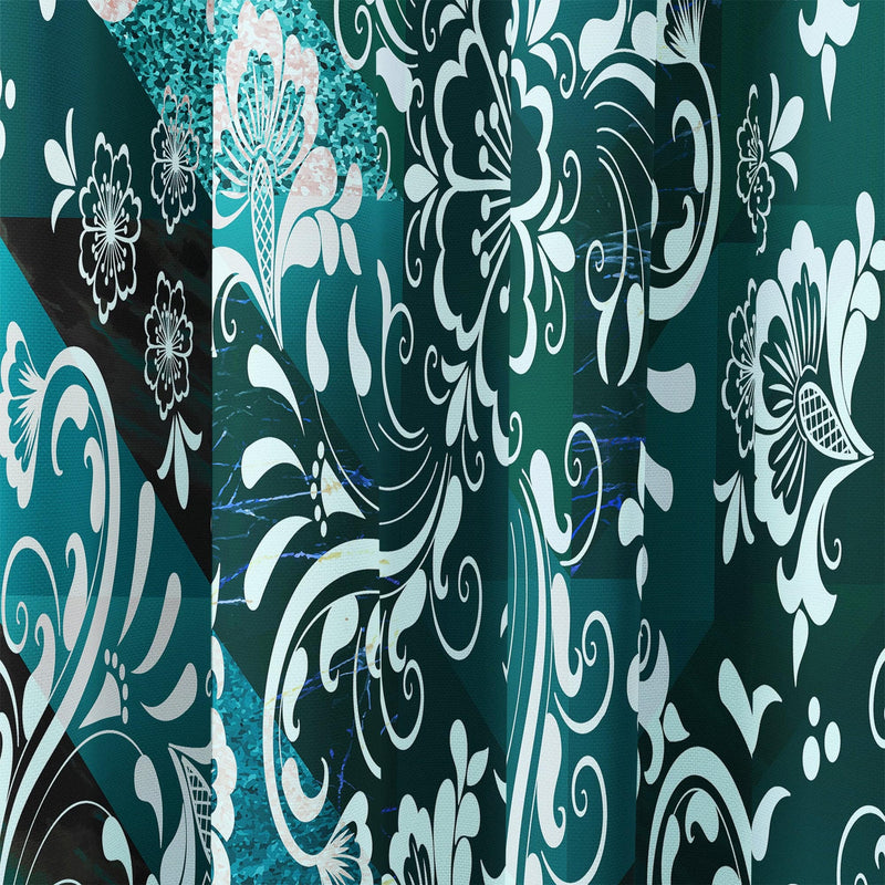 Green and Teal Damask Style Window Curtains - Deja Blue Studios