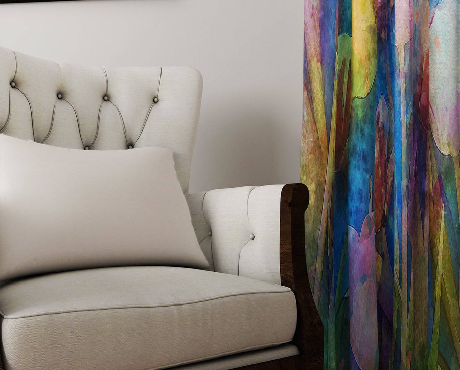Watercolor Flowers Green and Purple Window Curtains - Deja Blue Studios