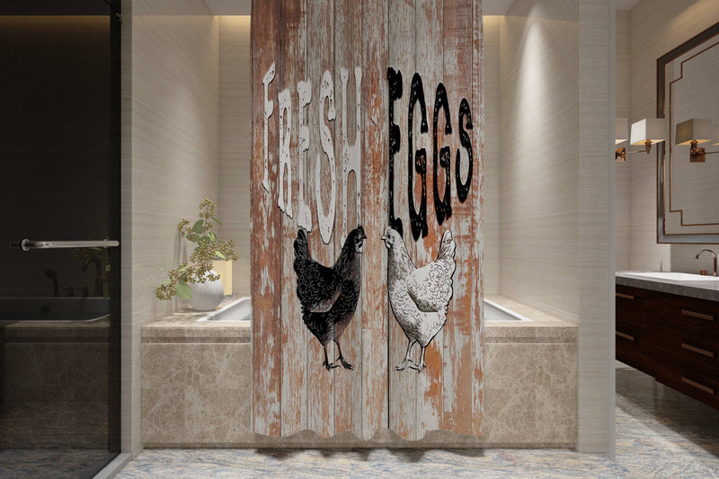 Fresh Egg Farmhouse Shower Curtain | Black and White Chickens on Rustic Red Barn Wood | Long and Extra Long Options - Deja Blue Studios