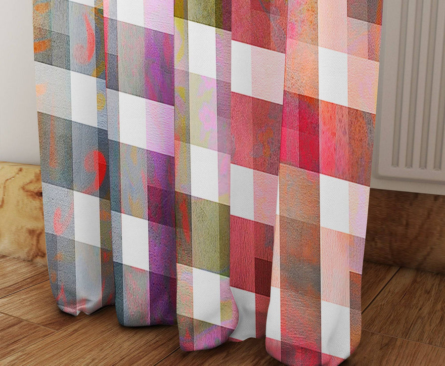Burgundy Watercolor Plaid Window Curtains - Deja Blue Studios
