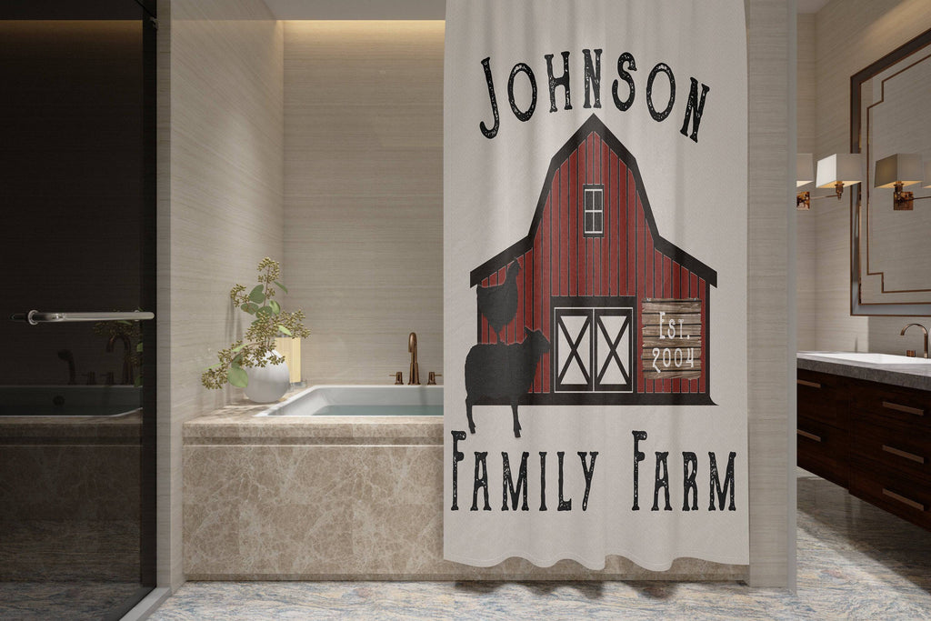 Personalized Rustic Farm Shower Curtain with Optional Bathmat | Stacked Animals and Red Barn - Deja Blue Studios