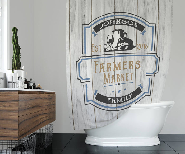 Personalized Farmers Market Shower Curtain | Family Name | Rustic Shower Curtain | Country Home | White Wood Print - Deja Blue Studios