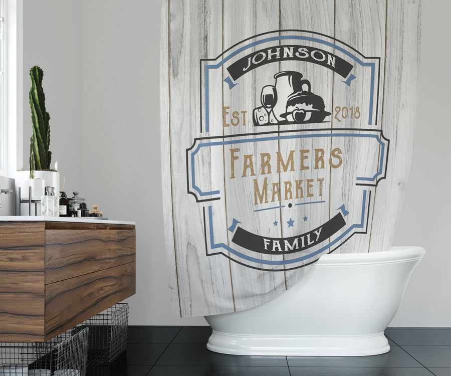 Personalized Farmers Market Shower Curtain | Family Name | Rustic Shower Curtain | Country Home | White Wood Print - Deja Blue Studios