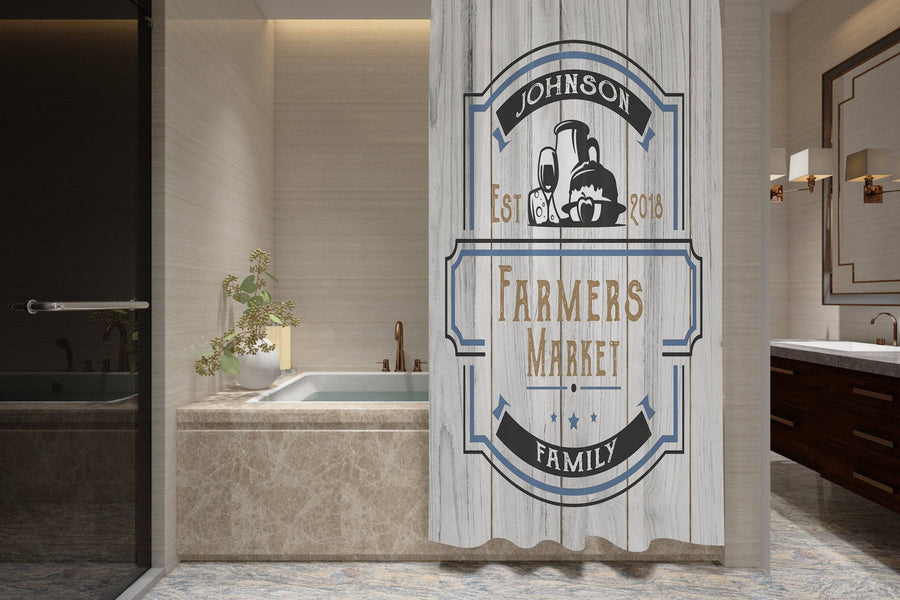 Personalized Farmers Market Shower Curtain | Family Name | Rustic Shower Curtain | Country Home | White Wood Print - Deja Blue Studios