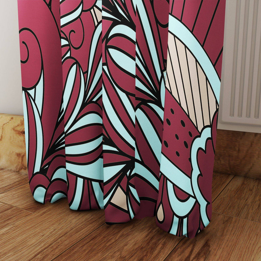 Burgundy and Teal Modern Floral Pattern Window Curtains - Deja Blue Studios