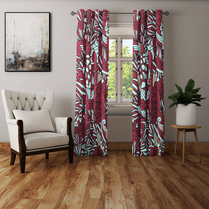 Burgundy and Teal Modern Floral Pattern Window Curtains - Deja Blue Studios