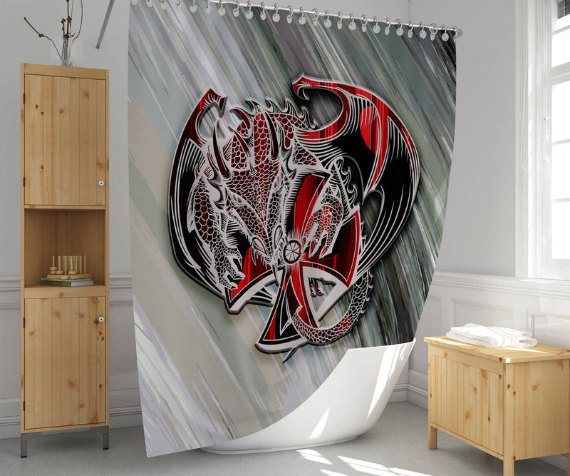 Silver and Red Dragon Shower Curtain | Cross Design | Mystical Creature | Fabric Shower Curtain - Deja Blue Studios