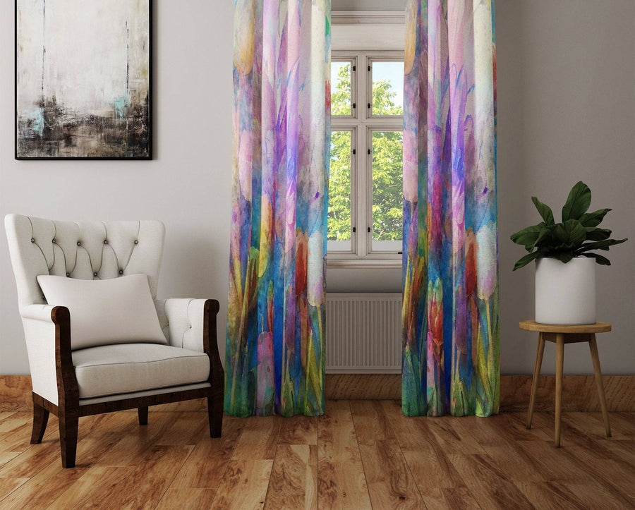 Watercolor Flowers Green and Purple Window Curtains - Deja Blue Studios