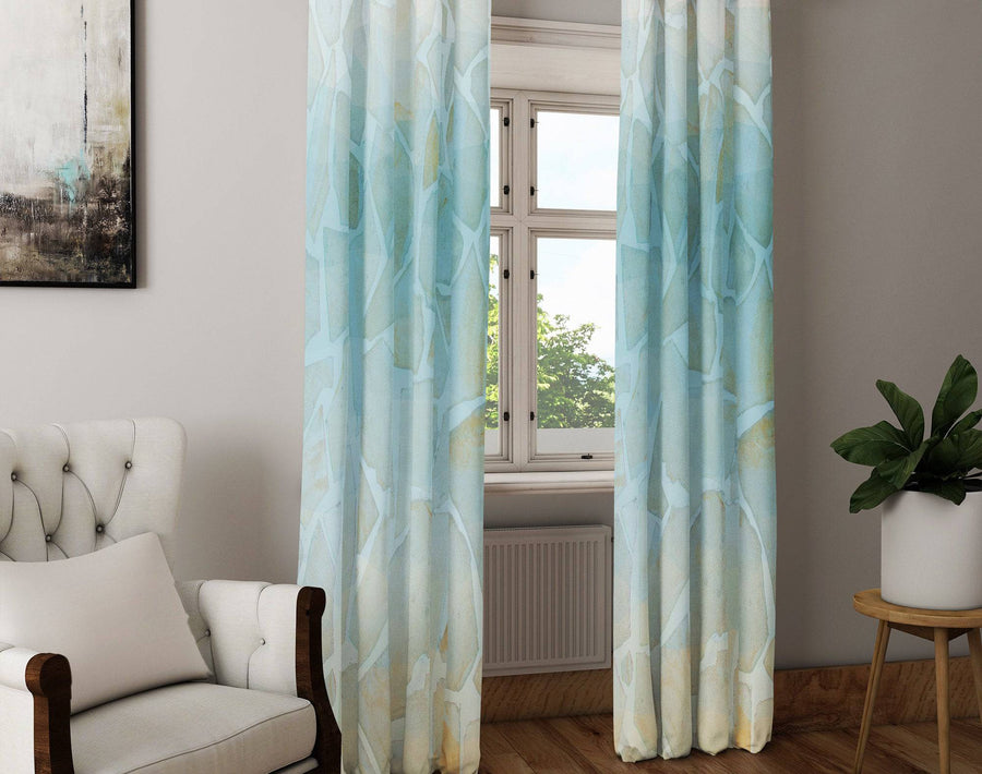 Blue and Beige Curtain Panels | Long Panel Sheer and Blackout Curtains | Mosaic River Rock | Floor Length Curtains - Deja Blue Studios