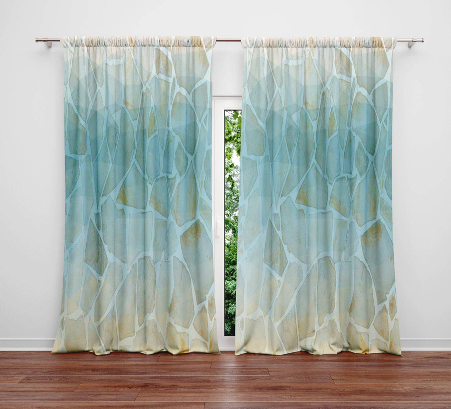 Blue and Beige Curtain Panels | Long Panel Sheer and Blackout Curtains | Mosaic River Rock | Floor Length Curtains - Deja Blue Studios