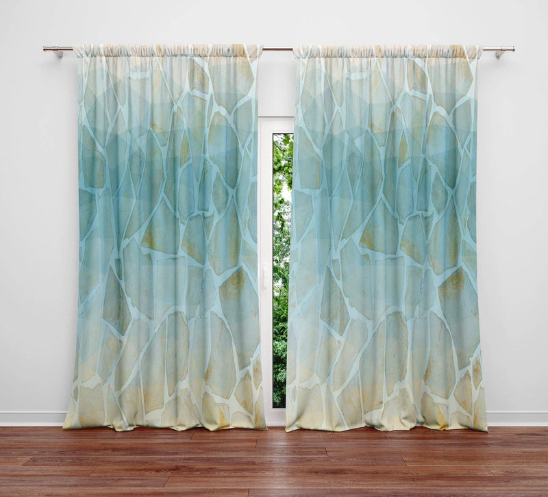 Blue and Beige Curtain Panels | Long Panel Sheer and Blackout Curtains | Mosaic River Rock | Floor Length Curtains - Deja Blue Studios