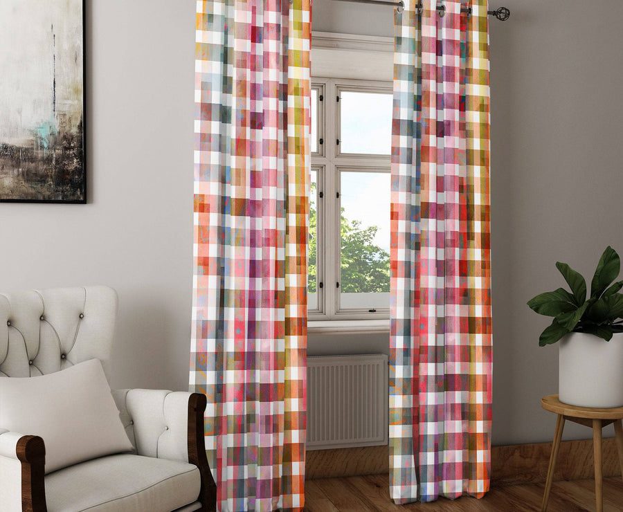 Burgundy Watercolor Plaid Window Curtains - Deja Blue Studios