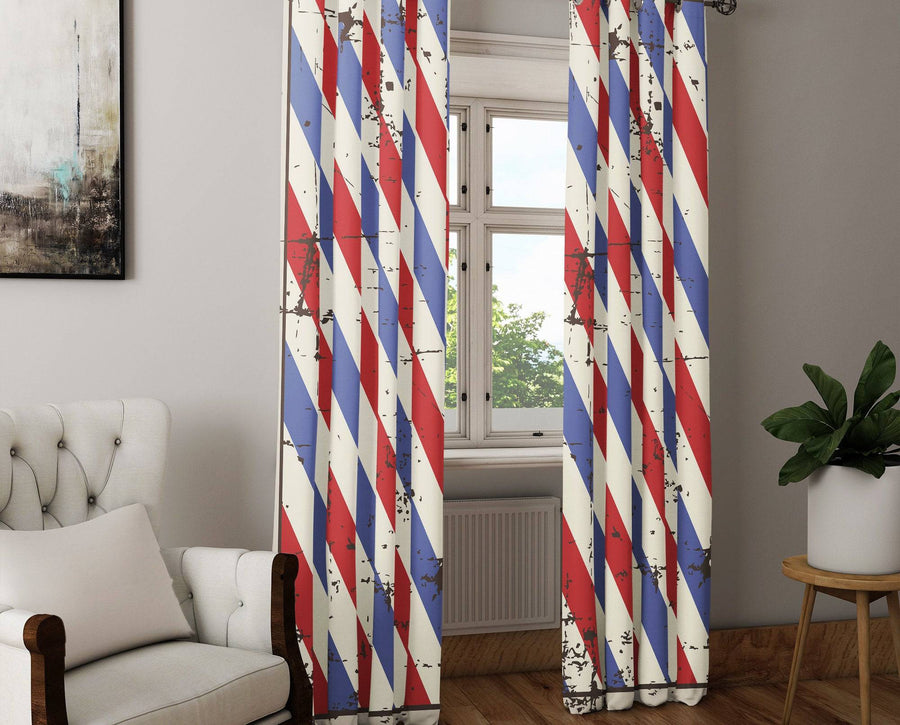 Red and Blue Striped Barber Shop Window Curtains - Deja Blue Studios
