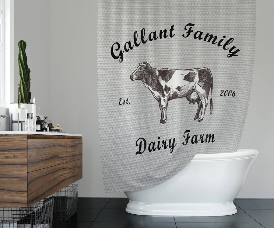 Farmhouse Shower Curtain Personalized | Dairy Cow Shower Curtain | Farm Bathroom Decor - Deja Blue Studios
