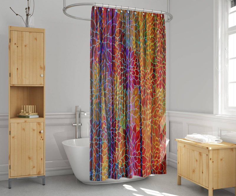 Wavy Boho Shower Curtain | Burgundy and Brown | Custom Floral Pattern | Bathmat Option - Deja Blue Studios