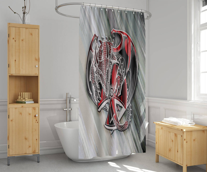 Silver and Red Dragon Shower Curtain | Cross Design | Mystical Creature | Fabric Shower Curtain - Deja Blue Studios