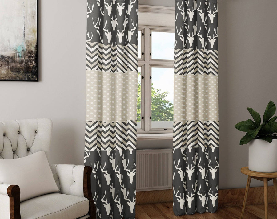 Black and Beige Rustic Window Curtain Panels | Chevron Pattern - Deja Blue Studios