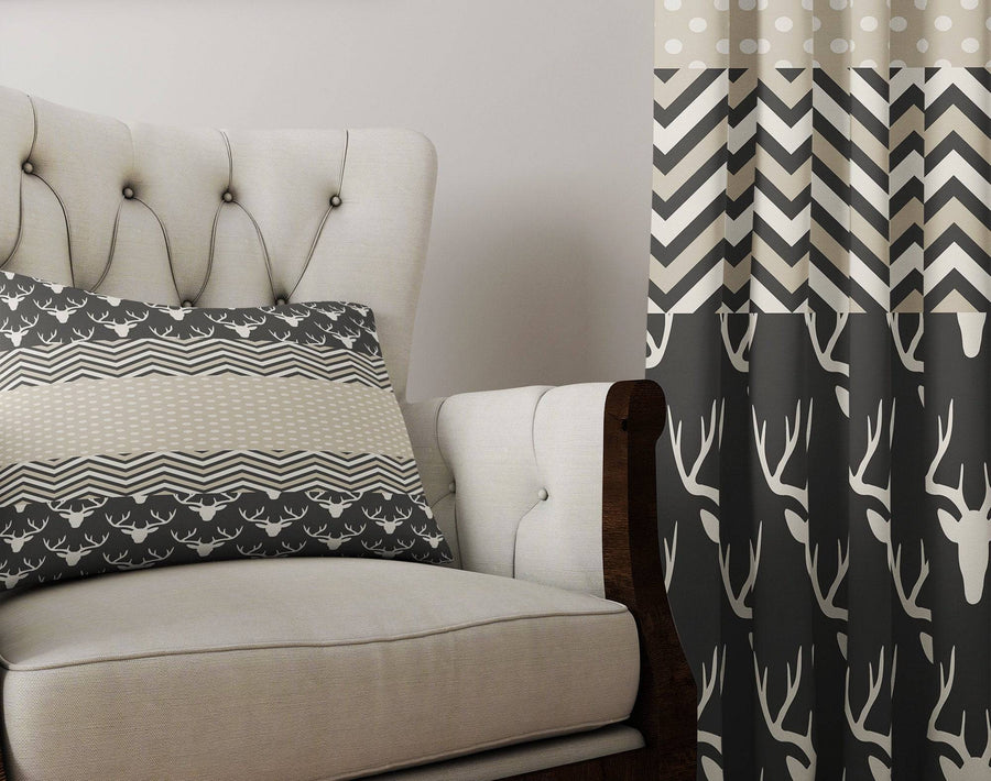 Black and Beige Rustic Window Curtain Panels | Chevron Pattern - Deja Blue Studios