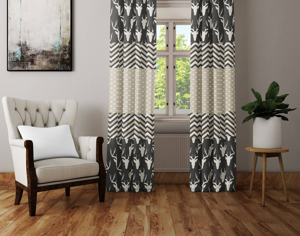 Black and Beige Rustic Window Curtain Panels | Chevron Pattern - Deja Blue Studios