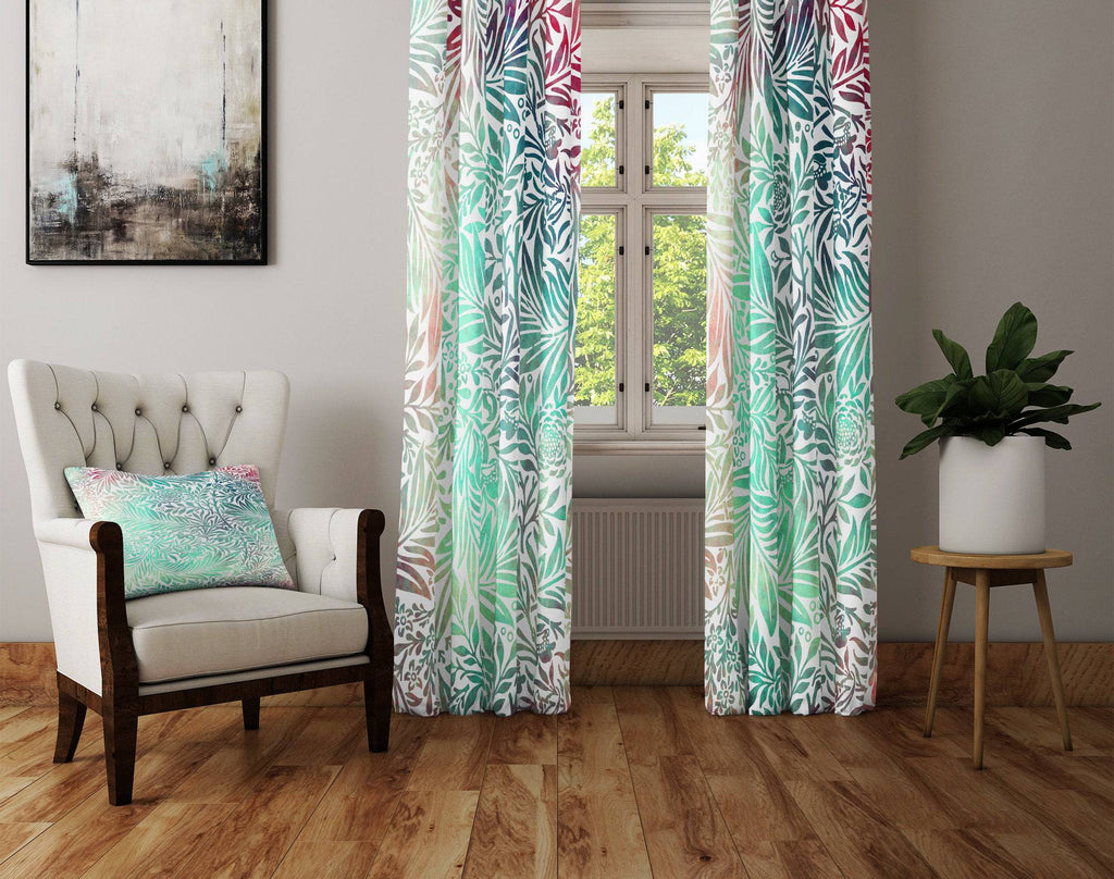 Boho Chic Green Watercolor Window Curtains - Deja Blue Studios