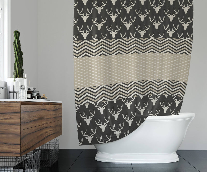 Rustic Deer Pattern Shower Curtain | Country Bathroom Decor | Chevron Pattern - Deja Blue Studios