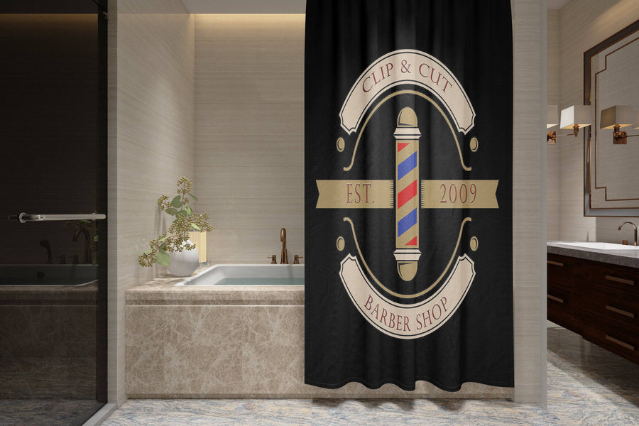Personalized Sleek Barber Shop Logo Shower Curtain with Optional Bathmat and Towels | Barber Pole Decor - Deja Blue Studios