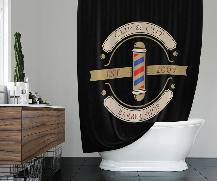 Personalized Sleek Barber Shop Logo Shower Curtain with Optional Bathmat and Towels | Barber Pole Decor - Deja Blue Studios