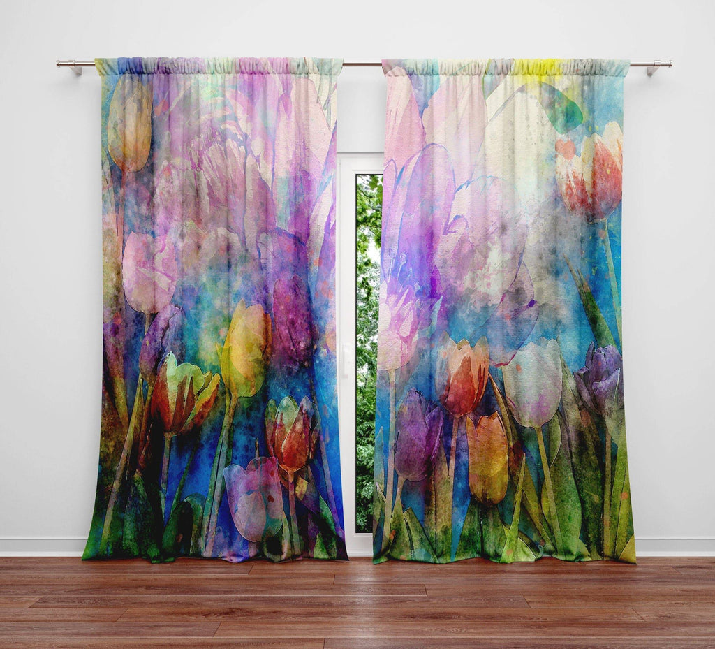 Watercolor Flowers Green and Purple Window Curtains - Deja Blue Studios