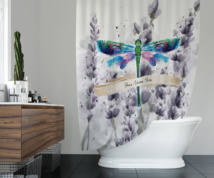 Personalized Watercolor Dragonfly Shower Curtain | Boho Shower Curtain - Deja Blue Studios
