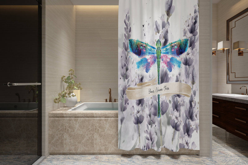 Personalized Watercolor Dragonfly Shower Curtain | Boho Shower Curtain - Deja Blue Studios