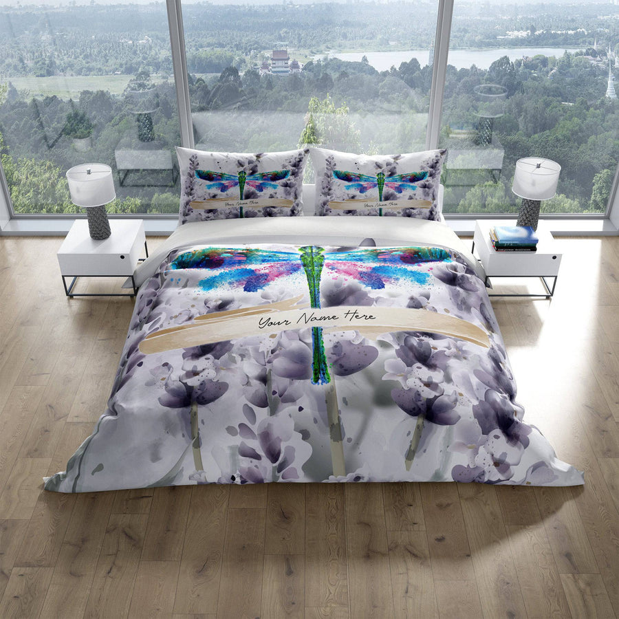 Personalized Watercolor Dragonfly Comforter or Duvet Cover | Twin, Queen, King Comforter Set - Deja Blue Studios