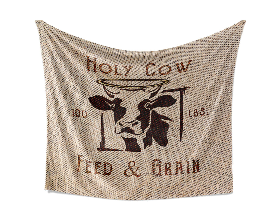 Farmhouse Cow Fleece Blanket | Fleece and Minky Living Room Throw | Holy Cow | Feed Sack - Deja Blue Studios