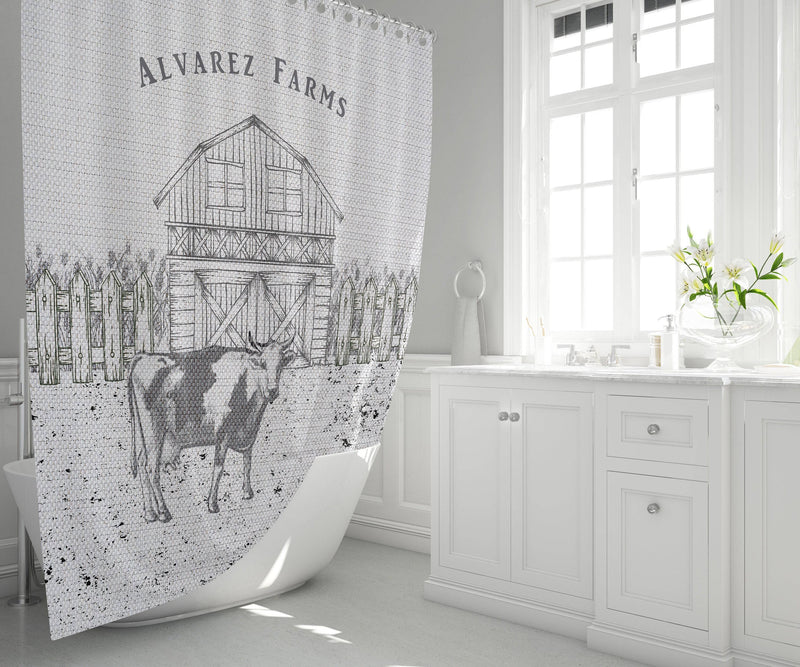 Personalized Farmhouse Cow Shower Curtain  | Country Chic | Barn and Wheat | Farm Theme Bathroom Curtain - Deja Blue Studios