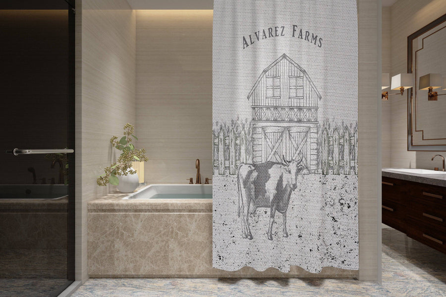 Personalized Farmhouse Cow Shower Curtain  | Country Chic | Barn and Wheat | Farm Theme Bathroom Curtain - Deja Blue Studios