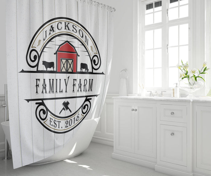 Farmhouse Shower Curtain | Personalized Rustic Shower Curtain | White and Red Barn Farm Logo - Deja Blue Studios