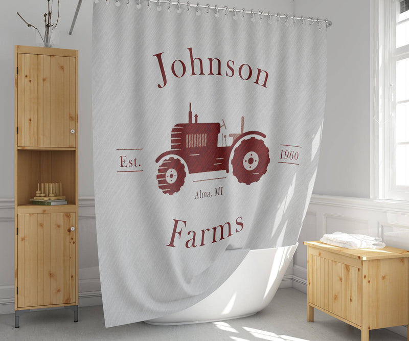 Farmhouse Shower Curtain Personalized | Rustic Red Tractor | Family Name | Farm Name | City and State | Established Date | Customized - Deja Blue Studios