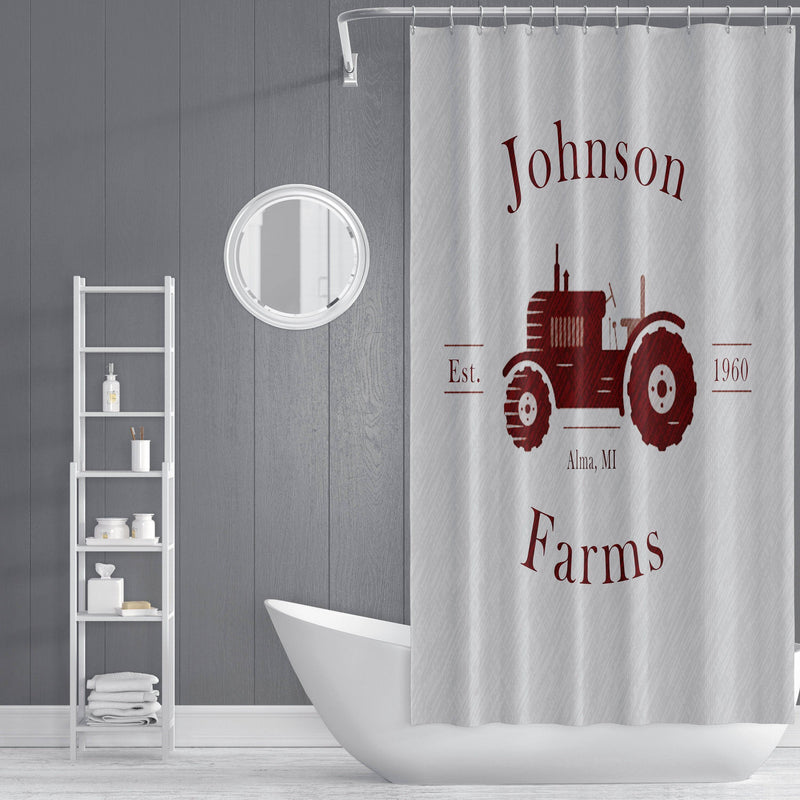 Farmhouse Shower Curtain Personalized | Rustic Red Tractor | Family Name | Farm Name | City and State | Established Date | Customized - Deja Blue Studios