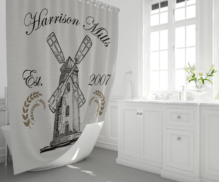 Farmhouse Shower Curtain Personalized | Vintage Country Mill Farm Decor | Customized Shower Curtain - Deja Blue Studios