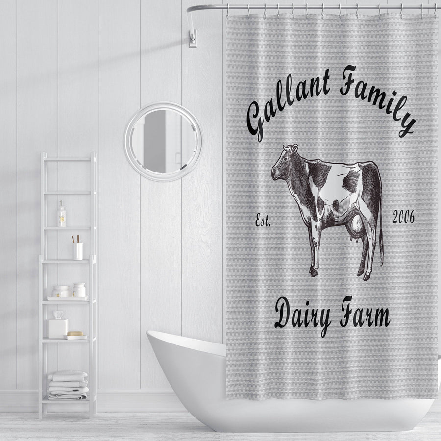 Farmhouse Shower Curtain Personalized | Dairy Cow Shower Curtain | Farm Bathroom Decor - Deja Blue Studios