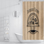 Rustic Farmhouse Shower Curtain Personalized | Cow and Pig Logo on Faux Burlap or Rustic Wood Print - Deja Blue Studios