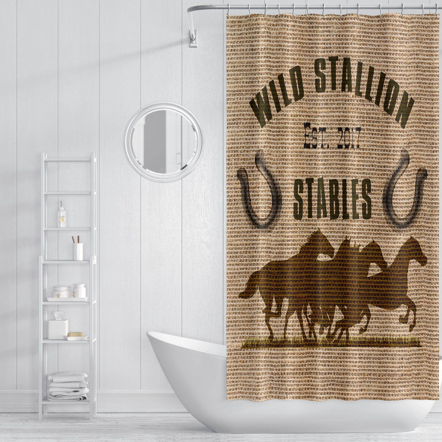 Rustic Farmhouse Shower Curtain Personalized Horses | Long and Extra Long Shower Curtain | Faux Burlap Brown Print - Deja Blue Studios